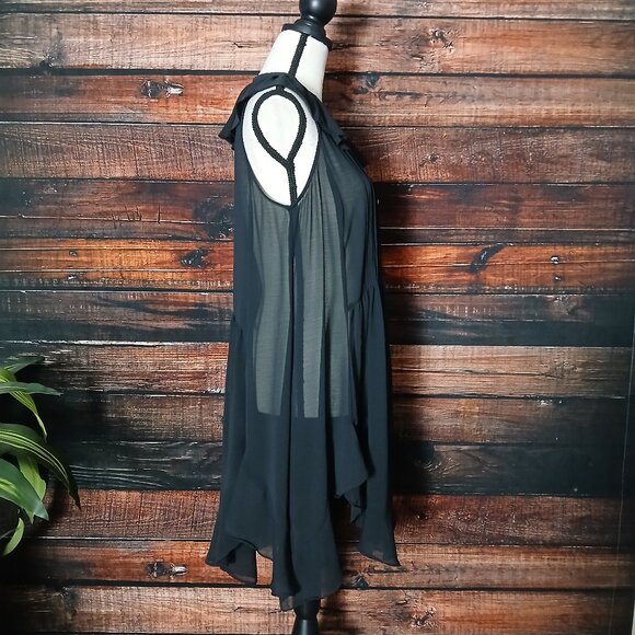 Anthropologie Akemi + Kin Tunic Top Size M Black Sheer Ruffle Pin Tuck Flowy - Picture 6 of 10